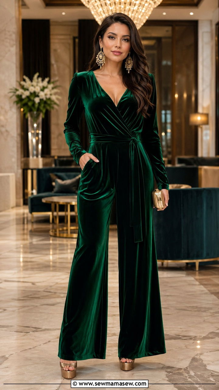 Velvet wide leg jumpsuit with statement earrings - 30 Birthday photoshoot outfit ideas