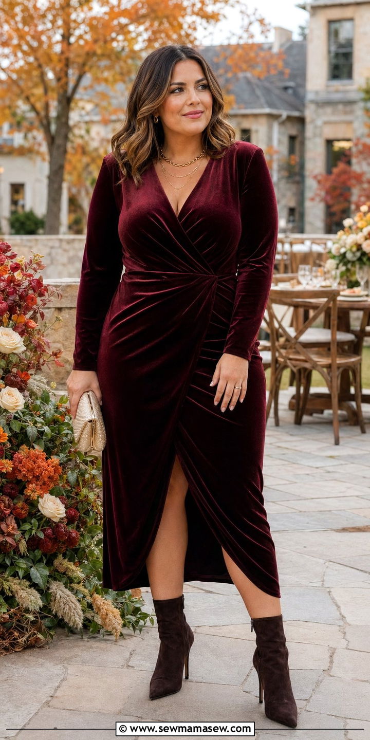 Velvet wrap dress with heeled ankle boots - 30 wedding guest outfits for pear shaped body