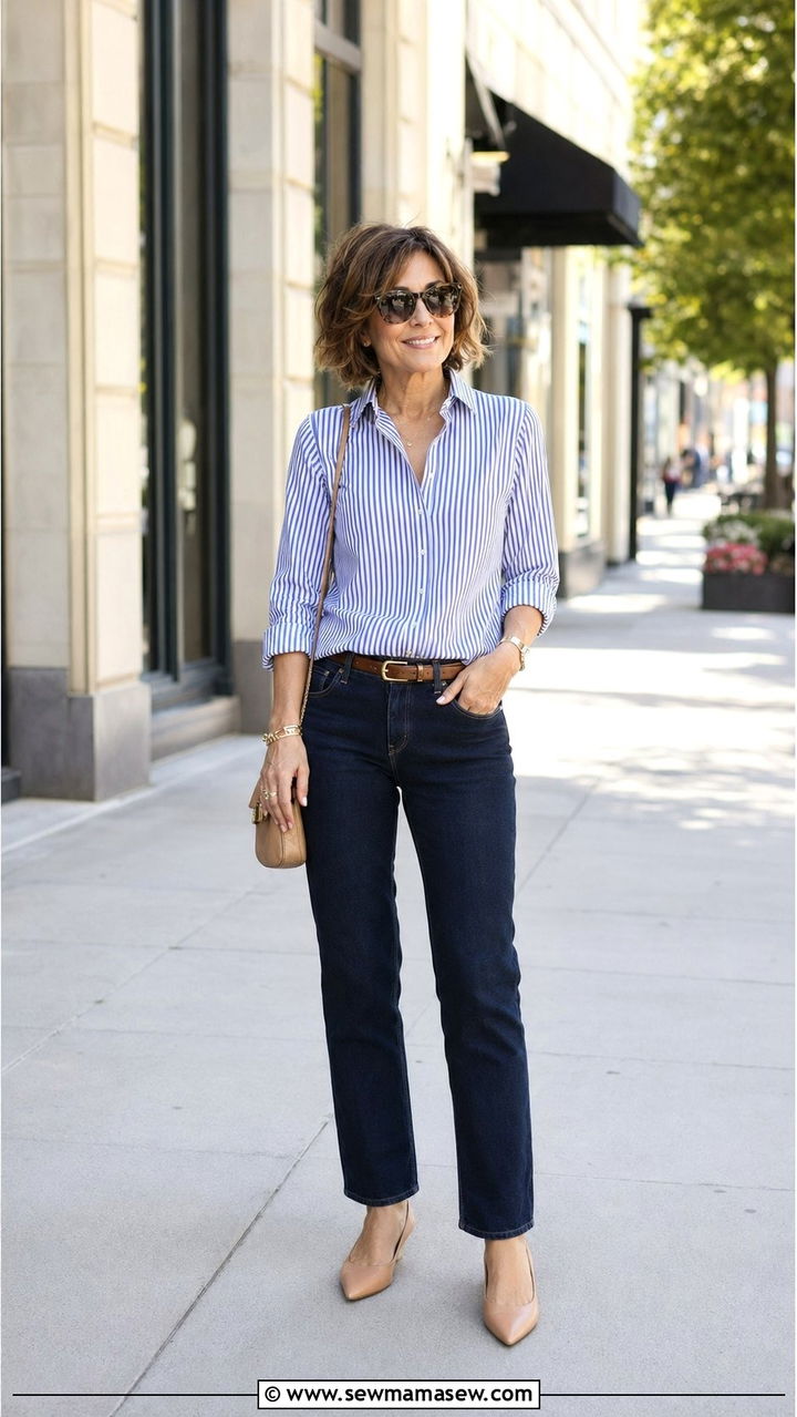 Vertical Stripe Blouse and Straight Leg Jeans - 35 Petite outfits for women over 40