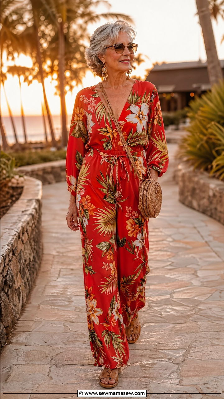 Vibrant Floral Jumpsuit With Raffia Crossbody Bag - 35 Vacation outfits for women over 50