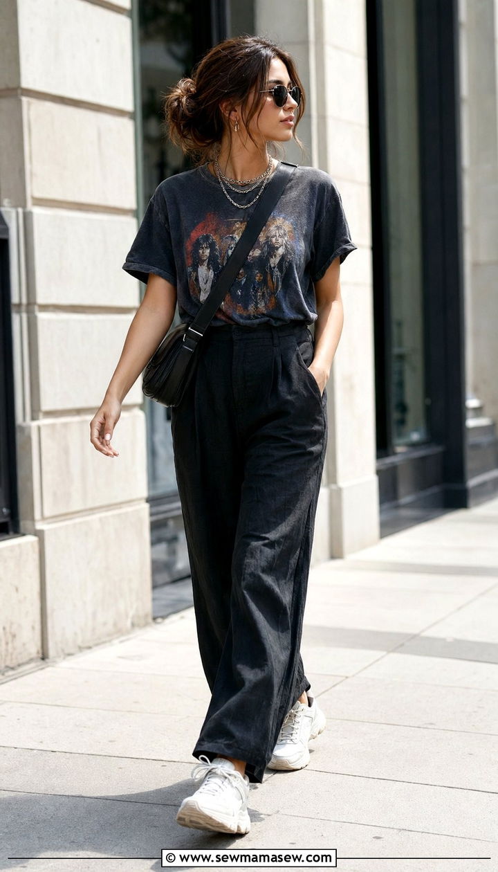 Vintage Band Tee And Dad Sneakers With Wide Leg Linen Pants - 30 Wide leg linen pants outfit ideas for summer