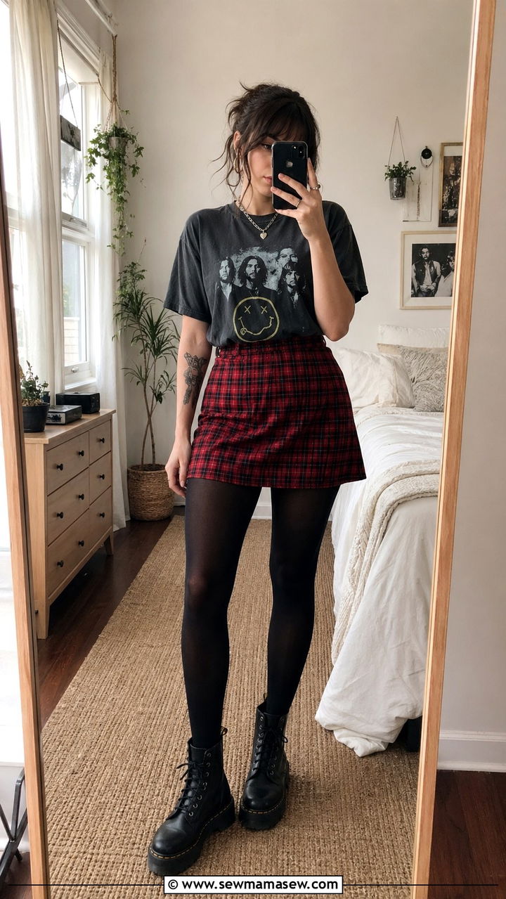 Vintage Band Tee And Plaid Mini Skirt Outfit - 30 spring grunge outfit ideas