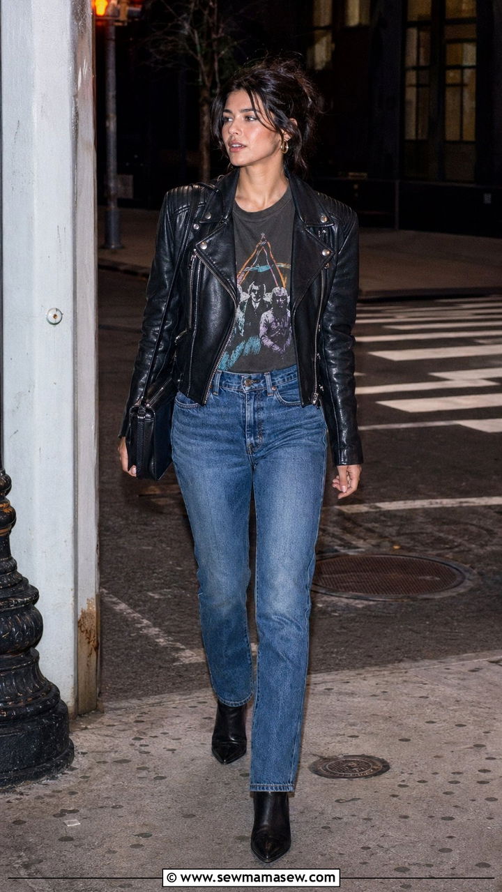 Vintage Band Tee With A Leather Moto Jacket And Straight Leg Jeans - 30 90s spring outfits