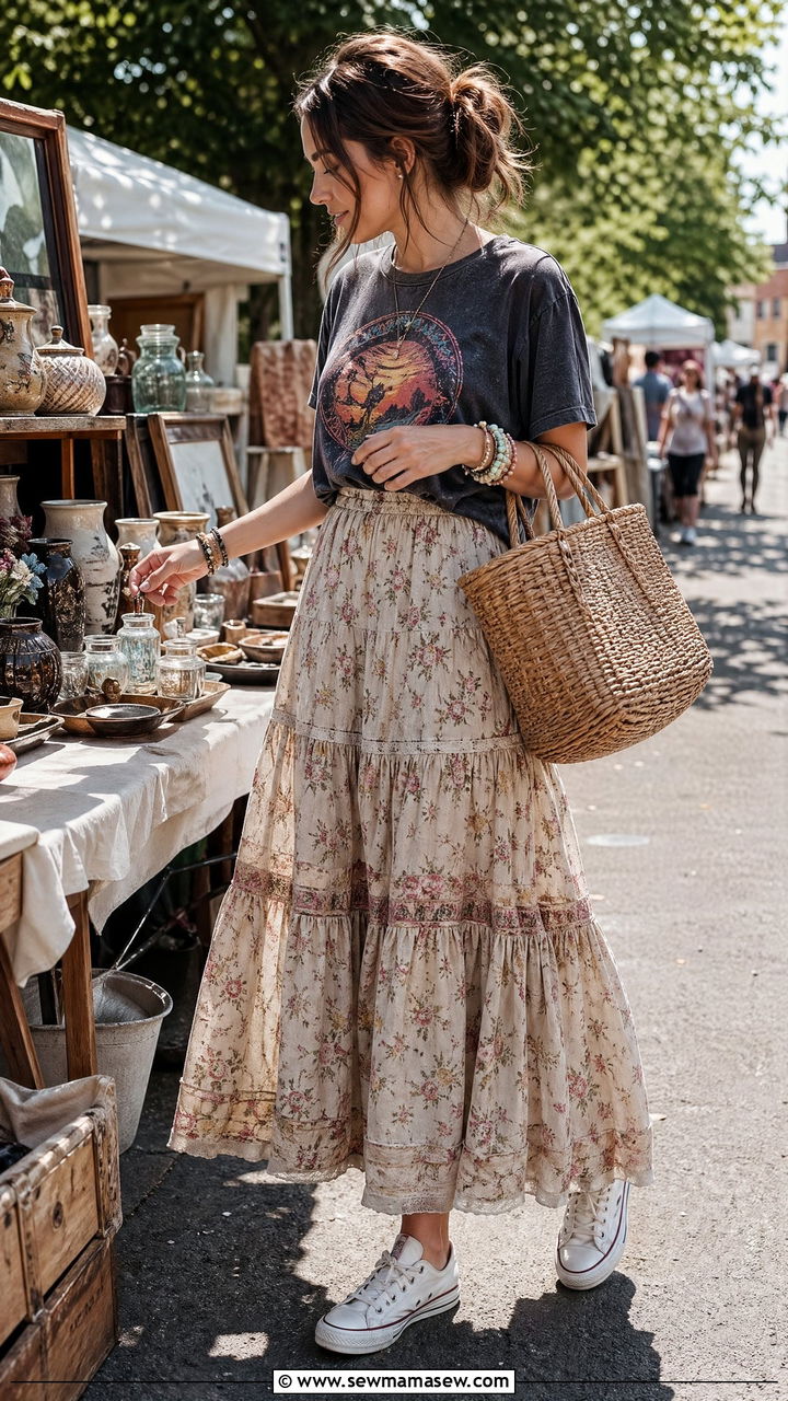 Vintage Band Tee With Floral Maxi Skirt And Basket Bag - 35 cottagecore outfits for women