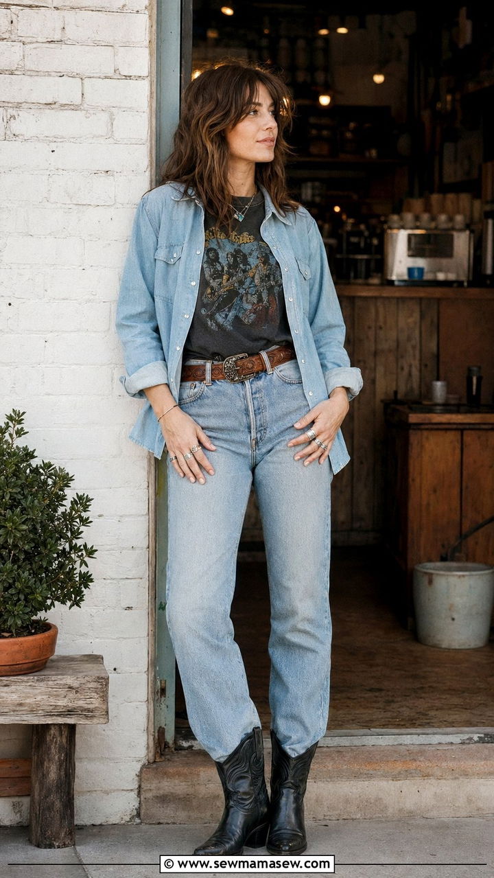 Vintage Band Tee With Levis And Western Shirt Outfit Nashville - 35 Nashville outfit ideas
