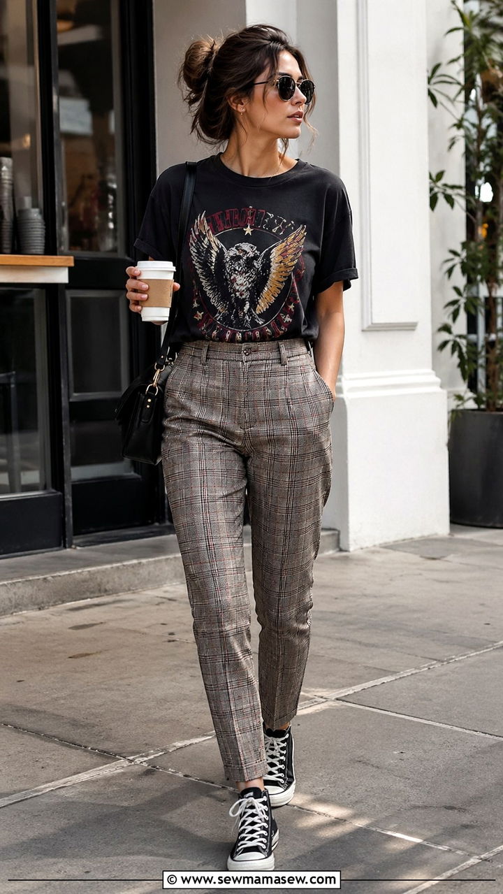 Vintage Band Tee With Plaid Trousers And High Top Converse - 30 spring edgy outfits