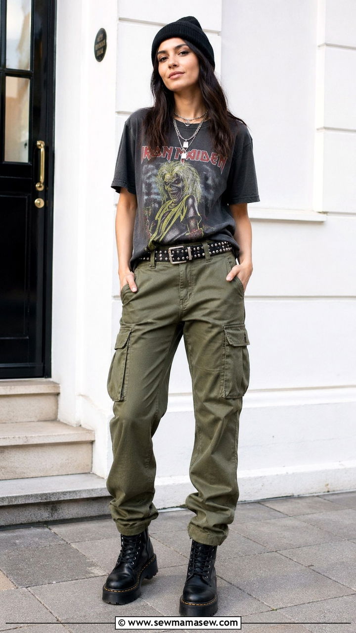 Vintage Band Tee and Cargo Pants Spring Outfit - 30 spring grunge outfits