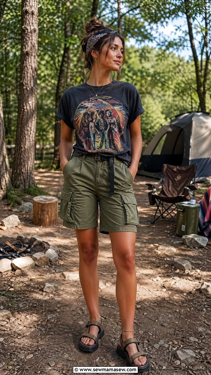 Vintage Band Tee and Cargo Shorts - 35 Summer camping outfit ideas