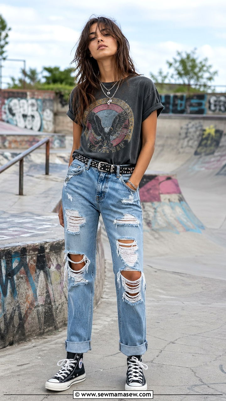 Vintage Band Tee and Distressed Denim - 30 Skater outfit ideas