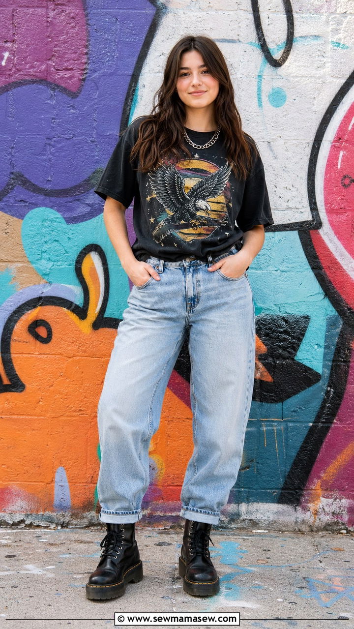 Vintage Band Tee with Baggy Jeans and Combat Boots - 30 Senior portrait outfit ideas 2026