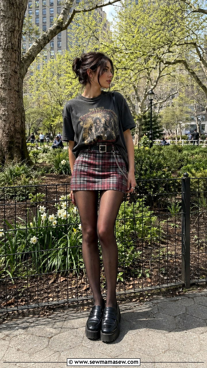 Vintage Band Tee with Plaid Skirt and Chunky Loafers - 30 spring edgy outfit ideas
