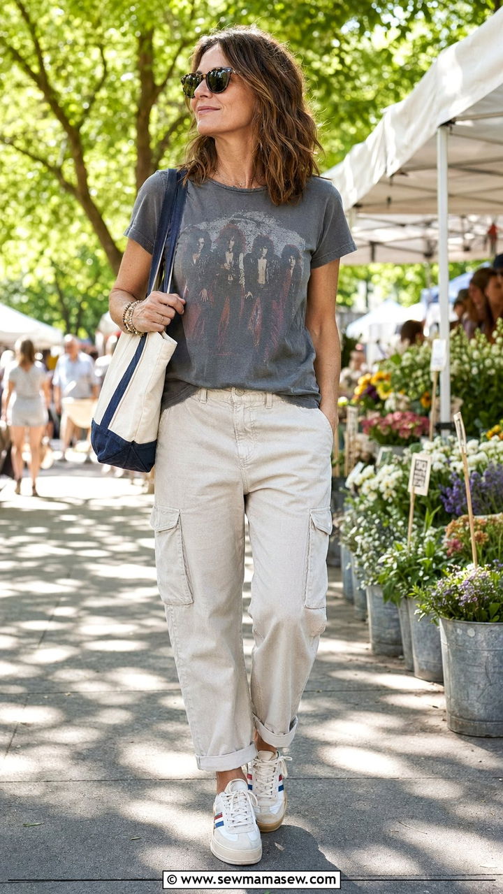 Vintage Band Tee with Relaxed Cargo Pants and Retro Sneakers Outfit - 30 y2k outfit ideas for women over 40