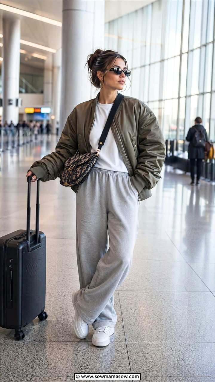 Vintage Bomber Jacket and Sweatpants Sporty Chic Outfit - 35 Sporty chic outfit ideas for airport