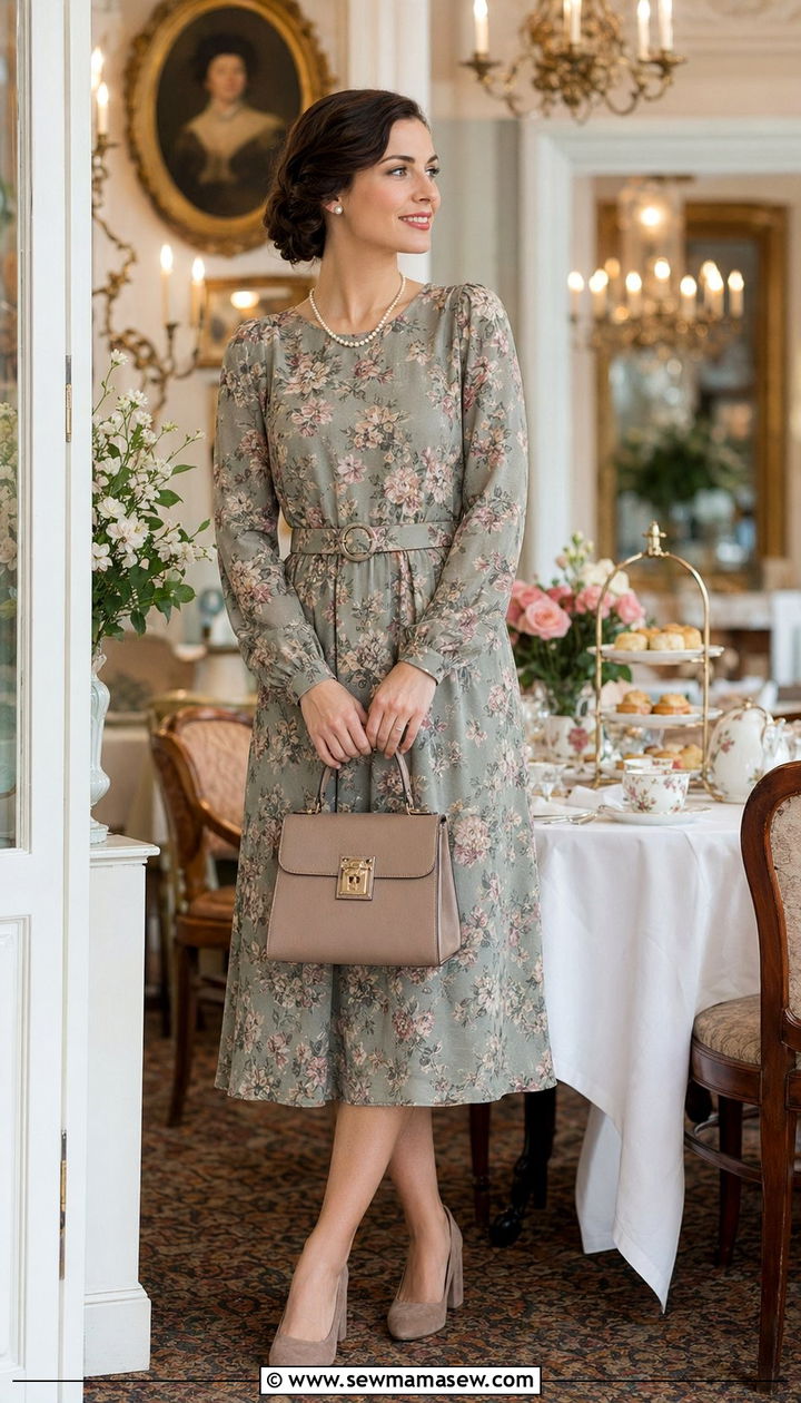 Vintage Floral Midi Dress With Pearls - 35 romantic outfits ideas