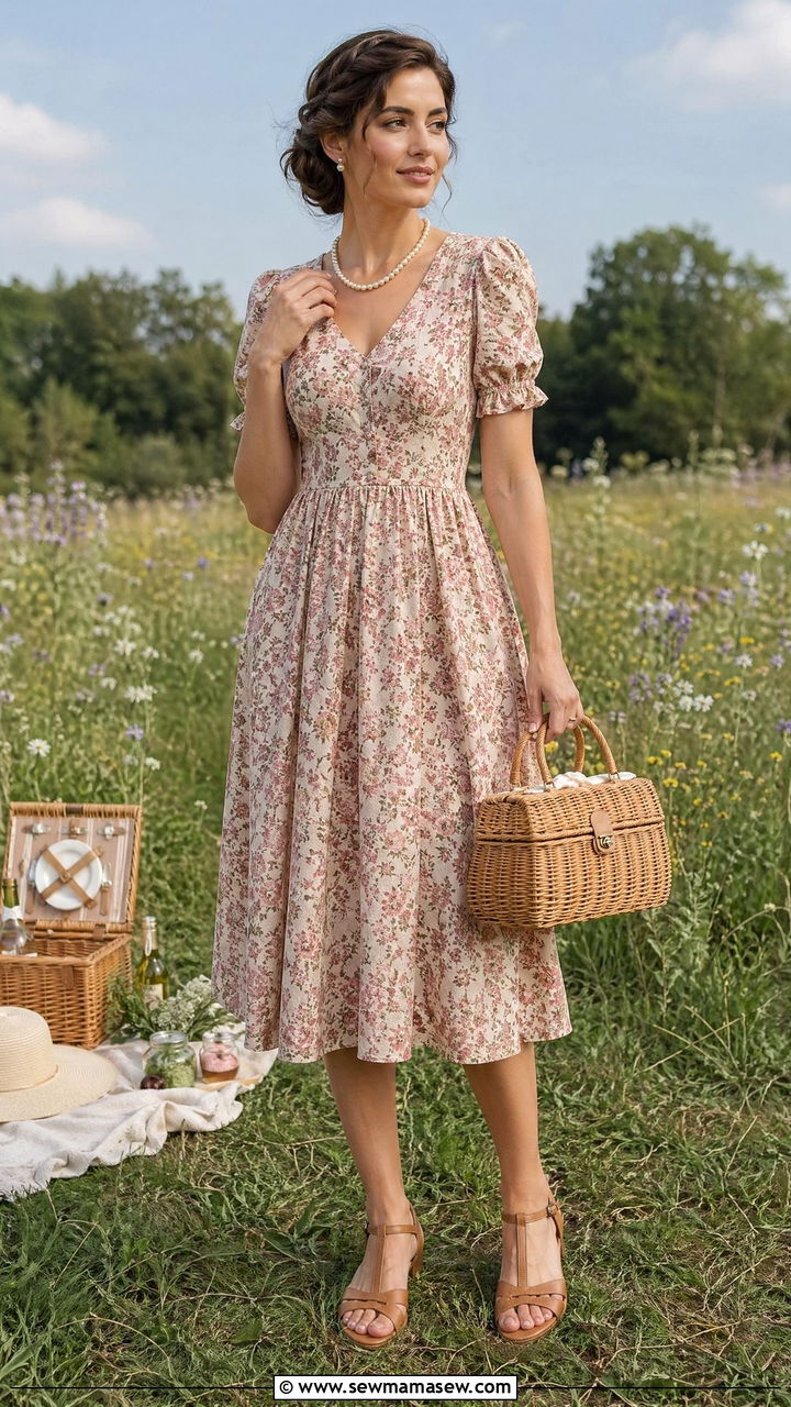 Vintage Floral Tea Dress And T Bar Sandals - 35 Summer picnic outfits