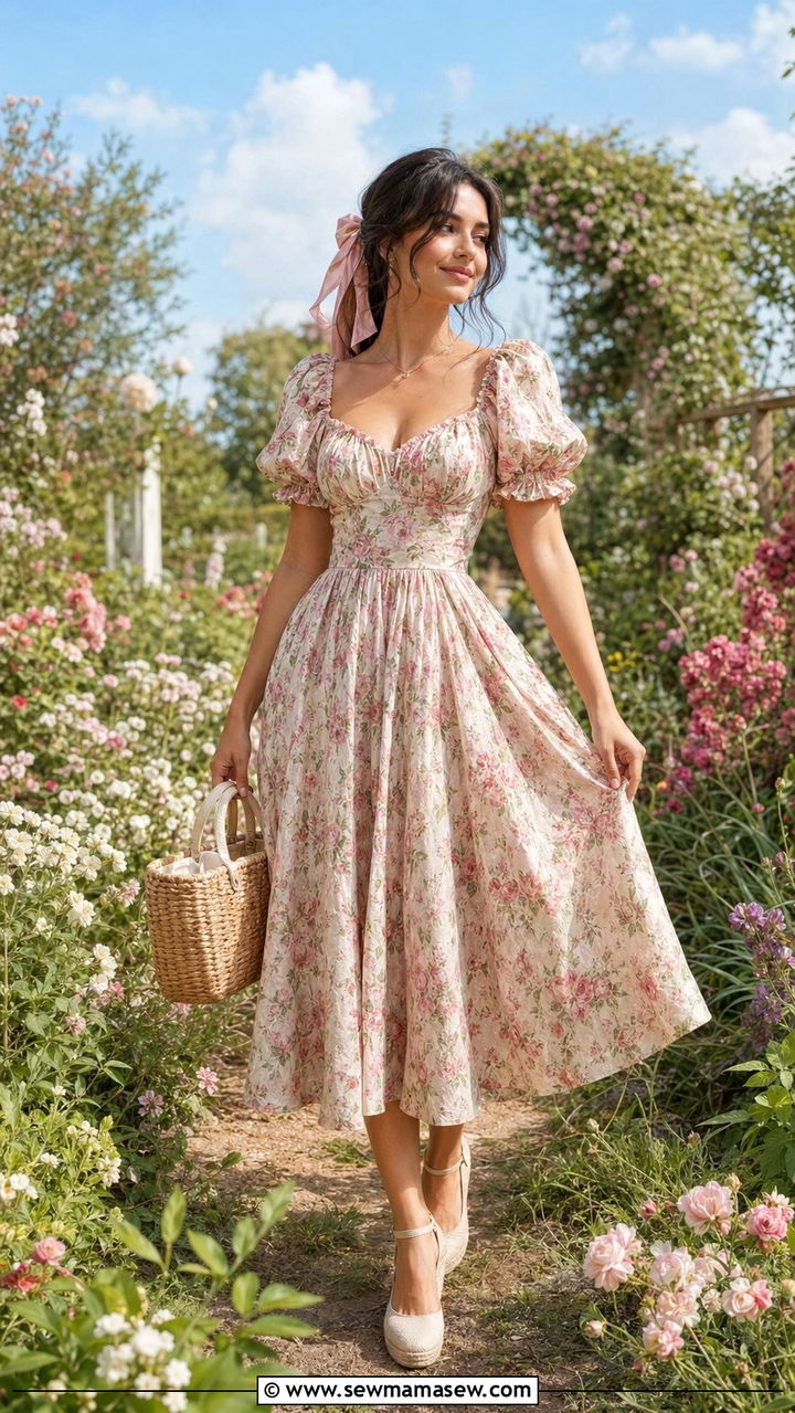 Vintage Floral Tea Dress With Wedge Espadrilles Outfit - 30 Birthday photo outfit ideas