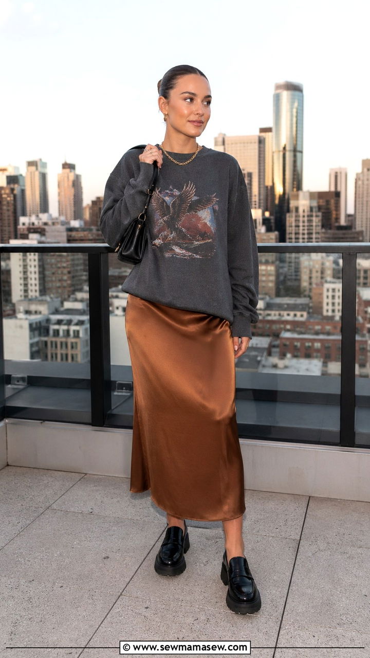 Vintage Graphic Sweatshirt With Satin Slip Skirt And Chunky Loafers - 30 sporty chic capsule wardrobe outfits
