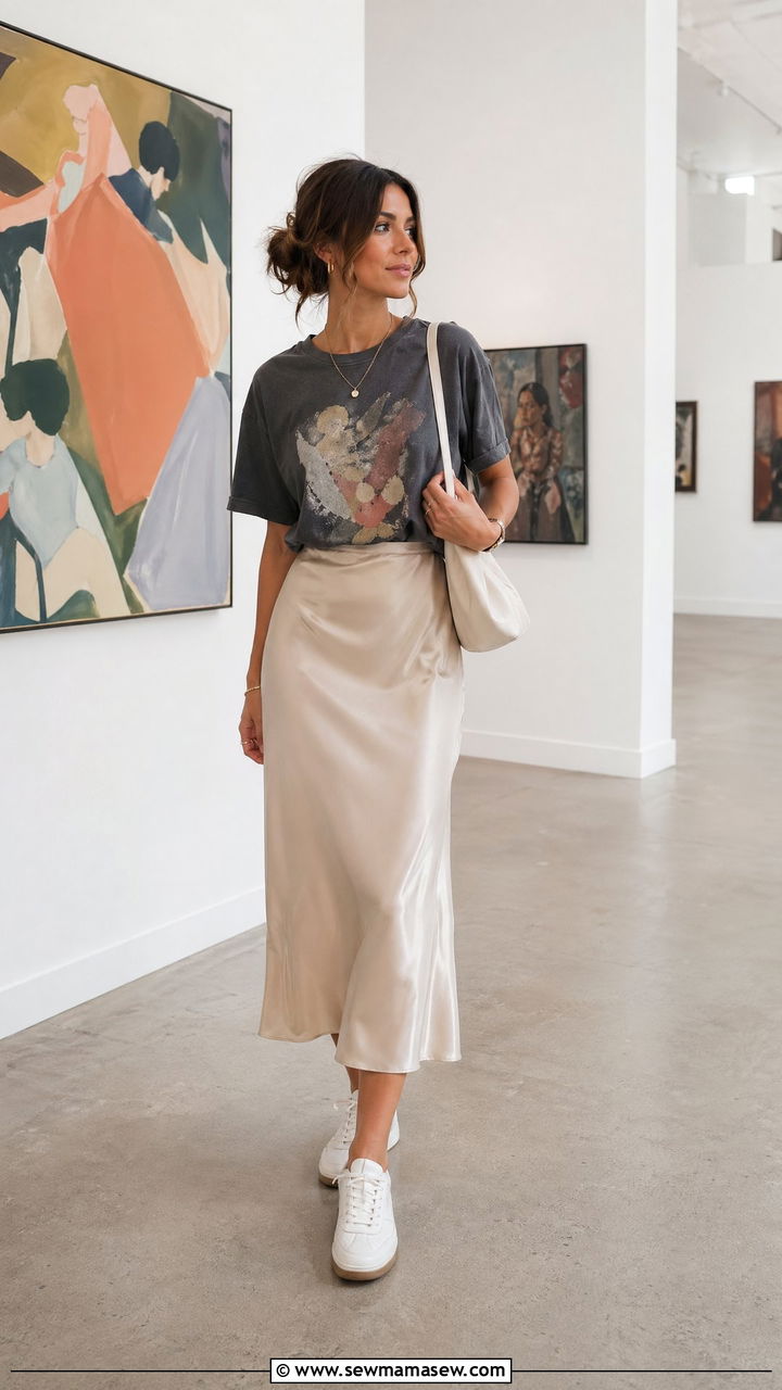 Vintage Graphic Tee with a Satin Midi Skirt and Sneakers - 35 summer outfit ideas casual