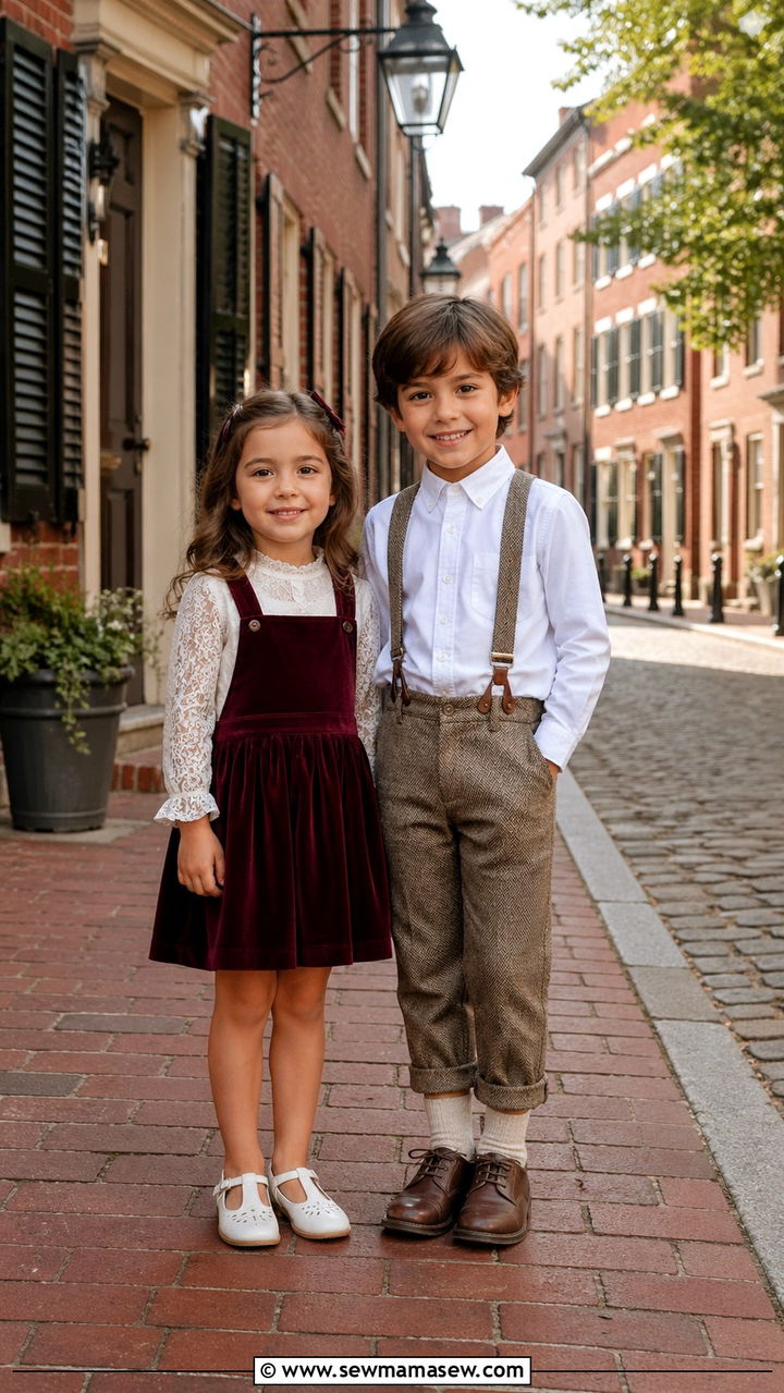 Vintage Inspired Sibling Outfits with Suspenders and Collars - 30 Sibling photoshoot outfit ideas
