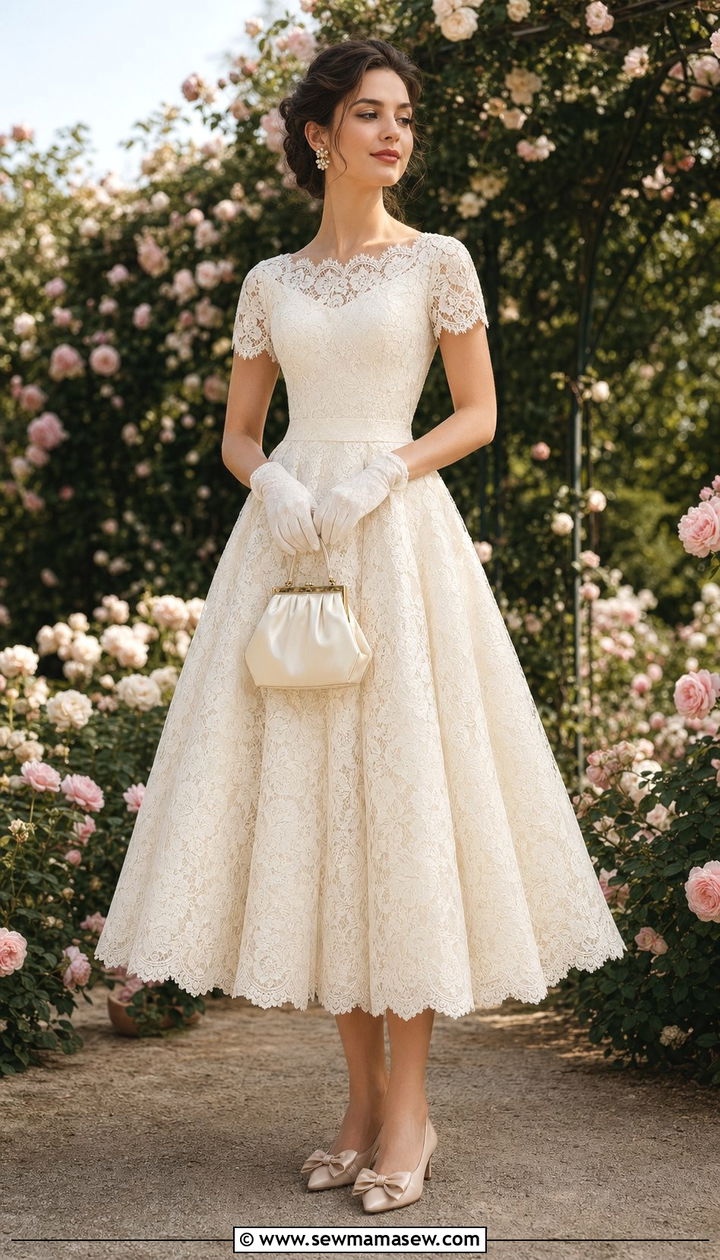 Vintage Lace Tea Length Dress With Gloves - 35 Old Hollywood outfit ideas
