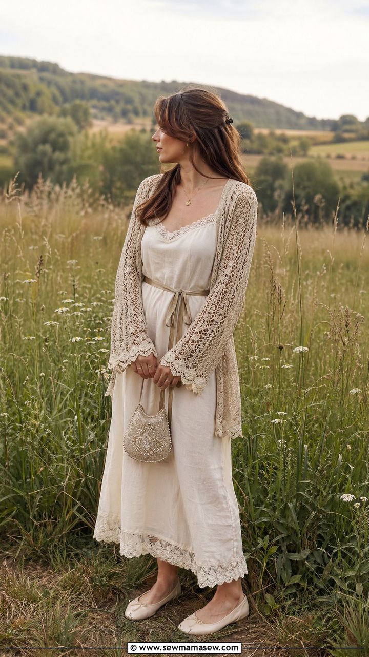 Vintage Slip Dress Layered With Crochet Cardigan - 35 summer cottagecore outfit ideas