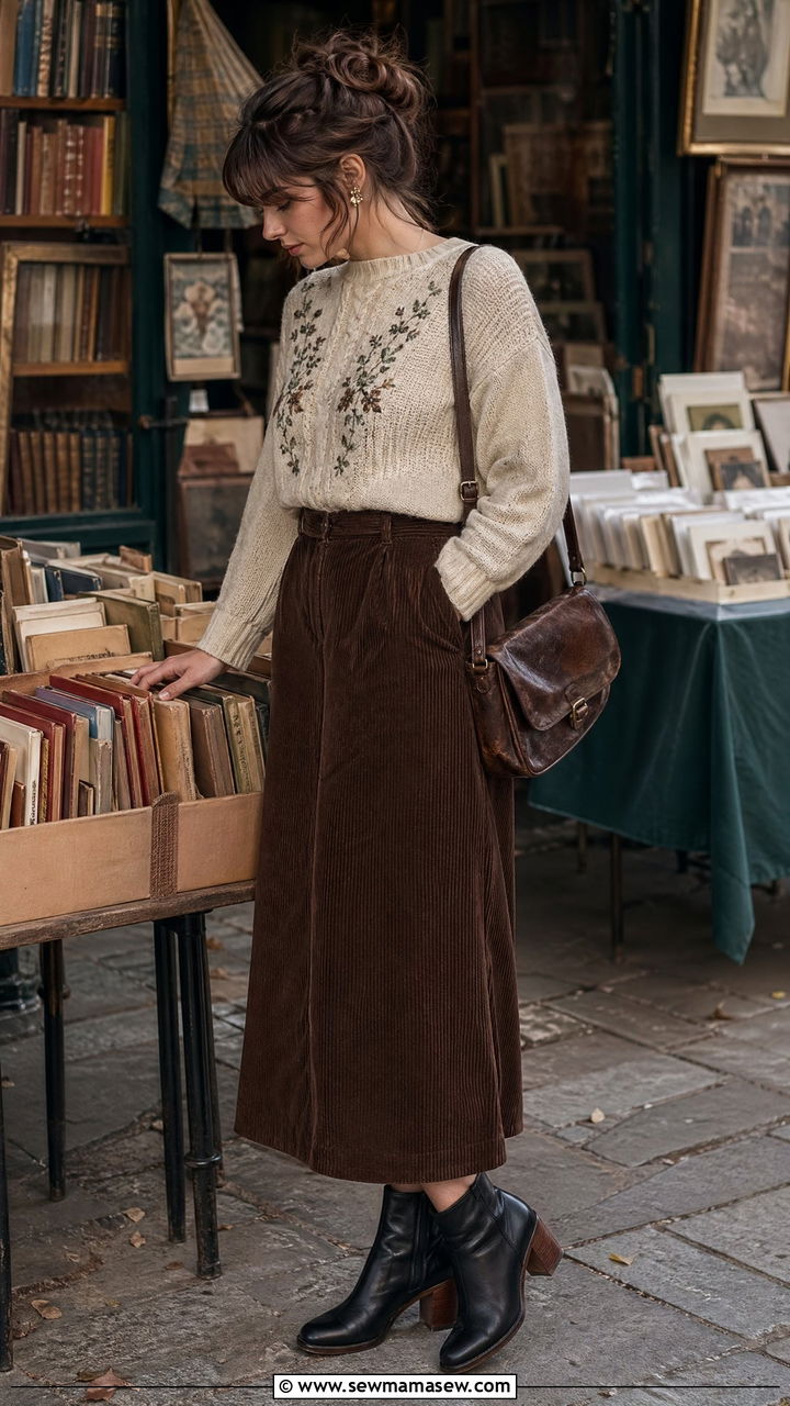 Vintage Sweater Outfit With Midi Skirt And Ankle Boots - 35 Dark academia outfit ideas