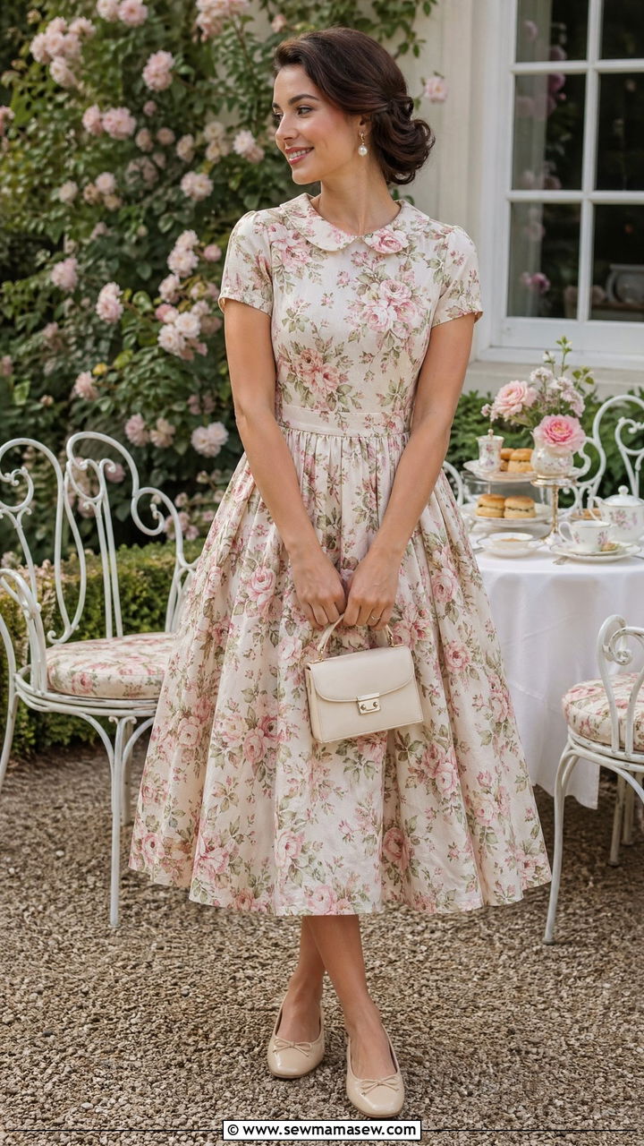 Vintage Tea Dress with Ballet Flats - 35 spring mother's day outfit ideas