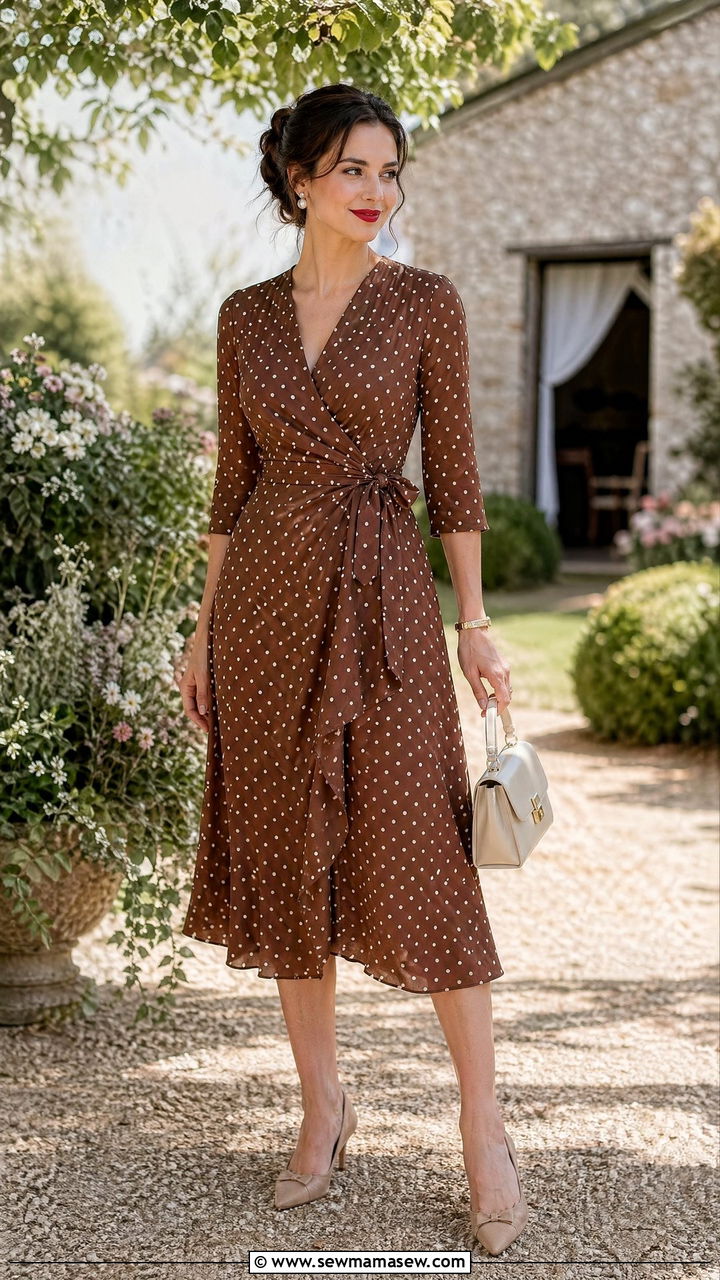 Vintage Tea Length Polka Dot Dress with Kitten Heels - 35 Countryside wedding guest outfit ideas