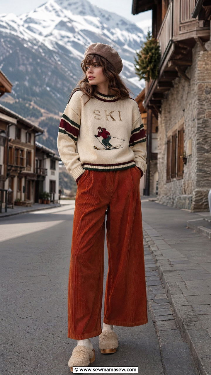 Vintage Varsity Ski Sweater and Corduroy Pants - 35 Ski bunny outfit ideas