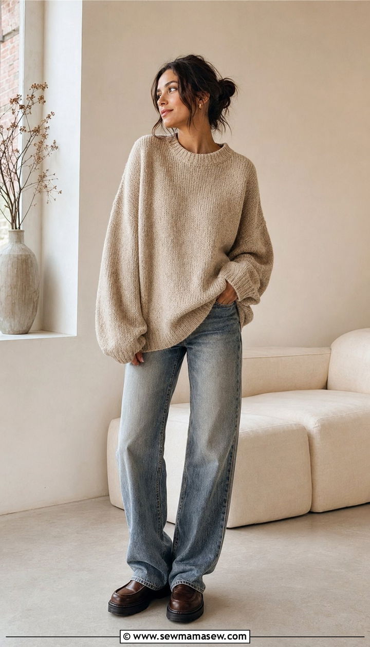 Vintage Wash Straight Jeans With An Oversized Sweater And Chunky Loafers - 30 Best jeans for petite women