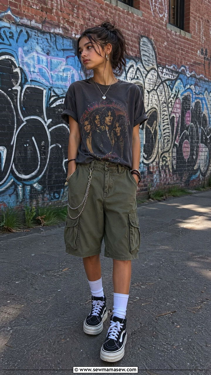 Vintage band tee and baggy cargo shorts summer outfit - 35 Summer outfits for middle school