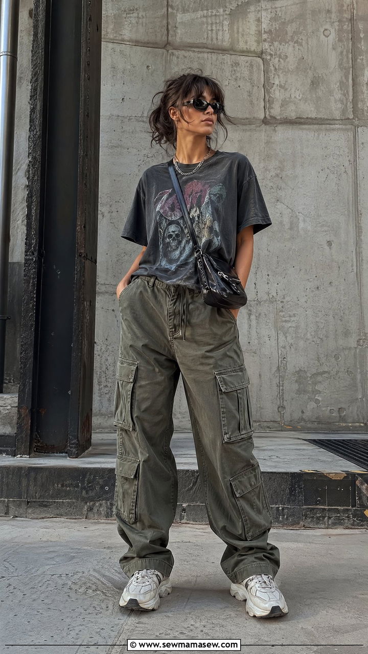 Vintage band tee and cargo pants outfit - 35 spring comfy outfit ideas