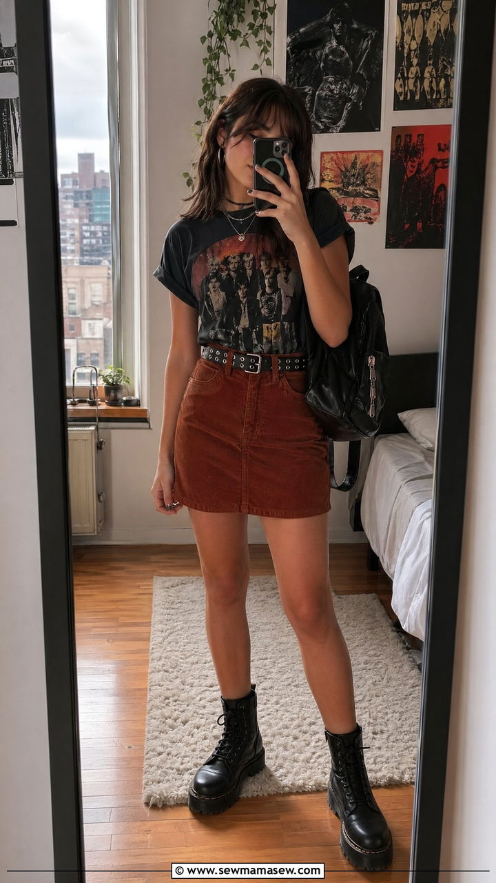 Vintage band tee with a corduroy mini skirt and combat boots - 35 Spring outfits for teenage girls