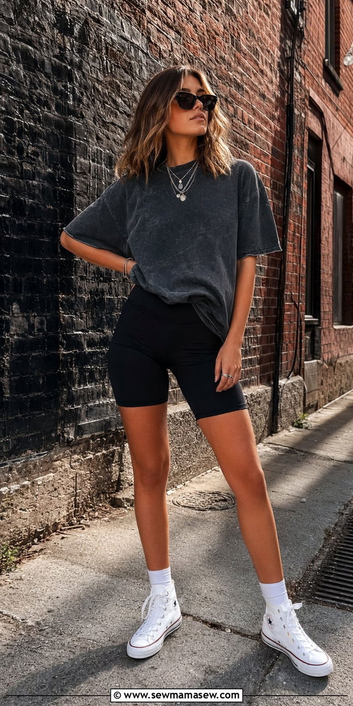 Vintage band tee with biker shorts and high top sneakers - 30 Biker shorts outfit ideas with sneakers