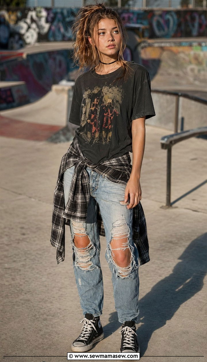 Vintage band tee with ripped jeans - 35 Outfit ideas for teens