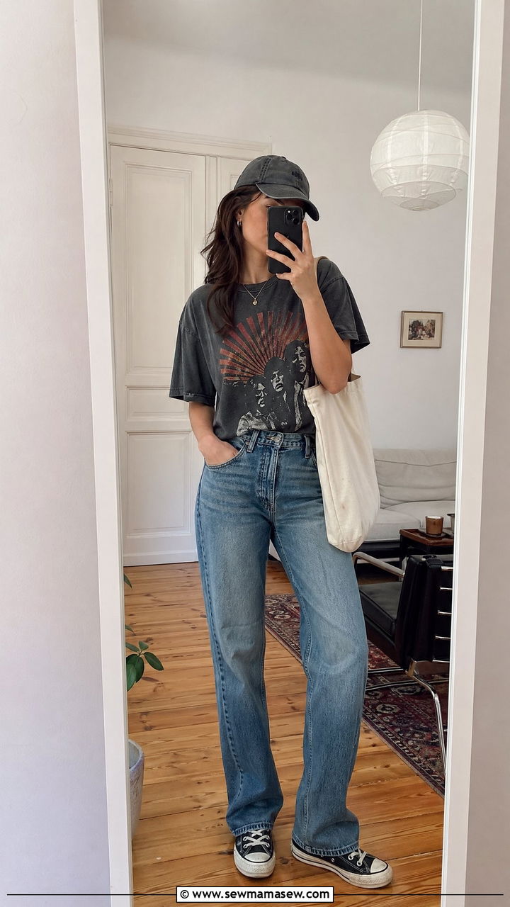 Vintage band tee with straight leg jeans and a baseball cap - 40 What to wear in Berlin