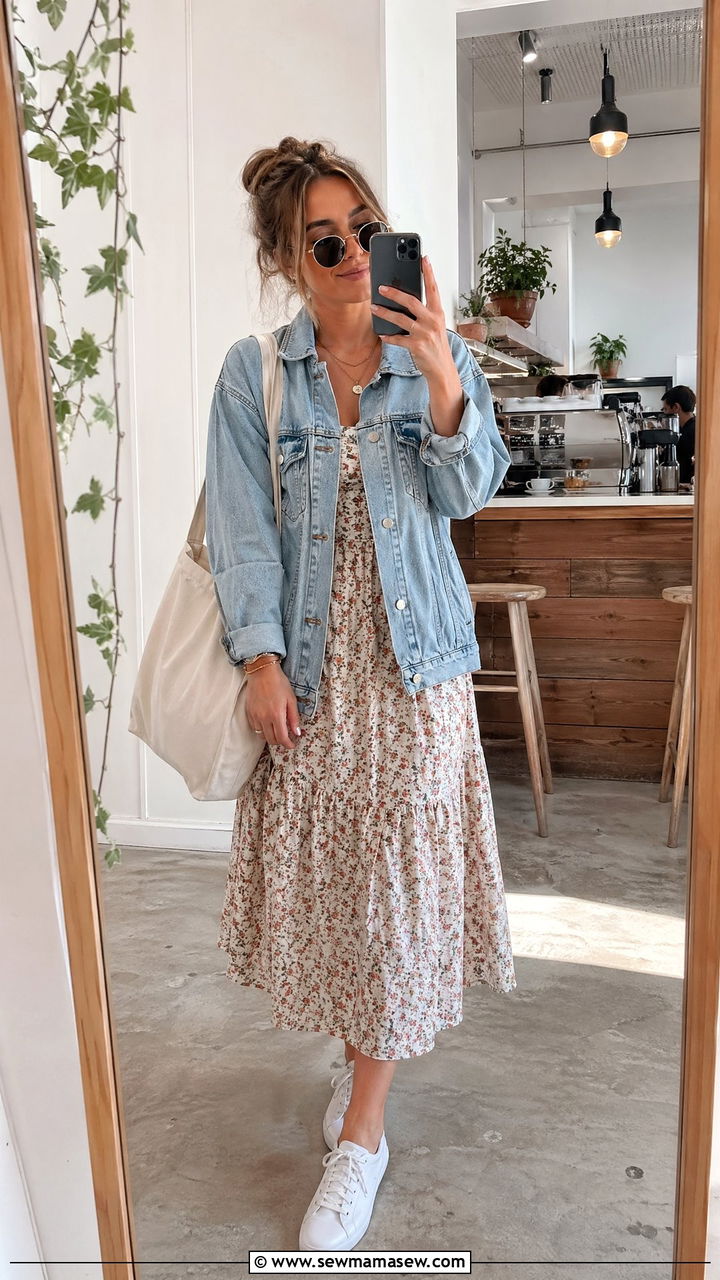 Vintage denim jacket and midi dress spring outfit - 35 Vintage spring outfits