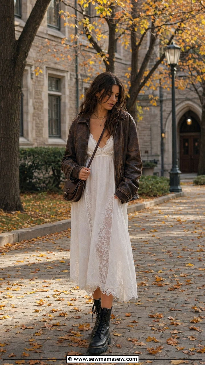 Vintage leather jacket and lace slip dress - 30 Back to school outfit ideas for college 2026