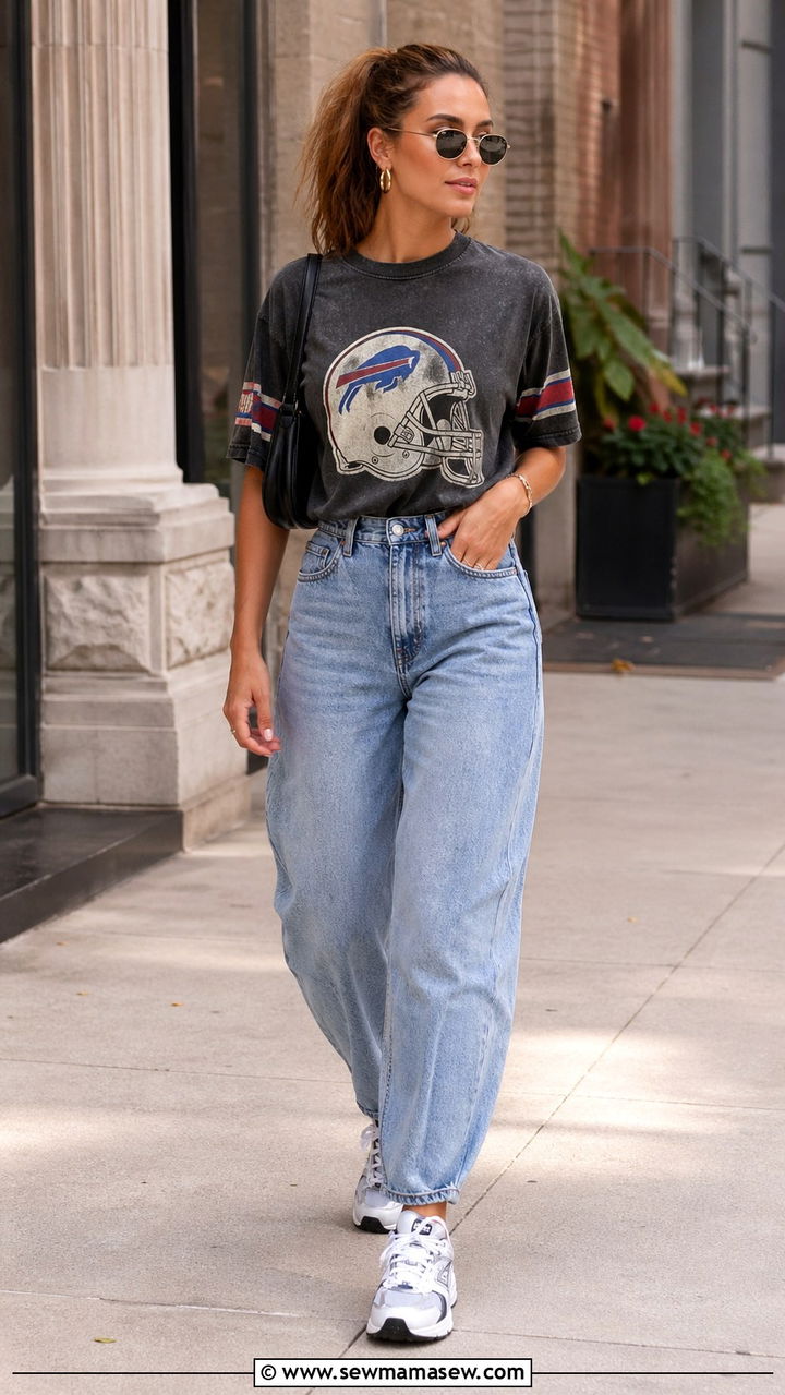 Vintage sports graphic tee with barrel jeans - 30 Sports mom outfit ideas