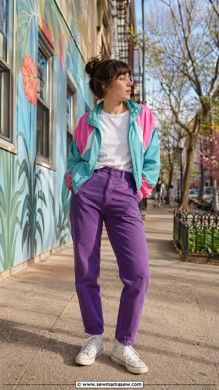 Vintage windbreaker with purple pants - 35 windbreaker outfits for women
