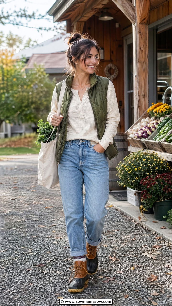 Waffle Thermal Top With Quilted Vest and Jeans - 35 Cozy cabin weekend outfit ideas