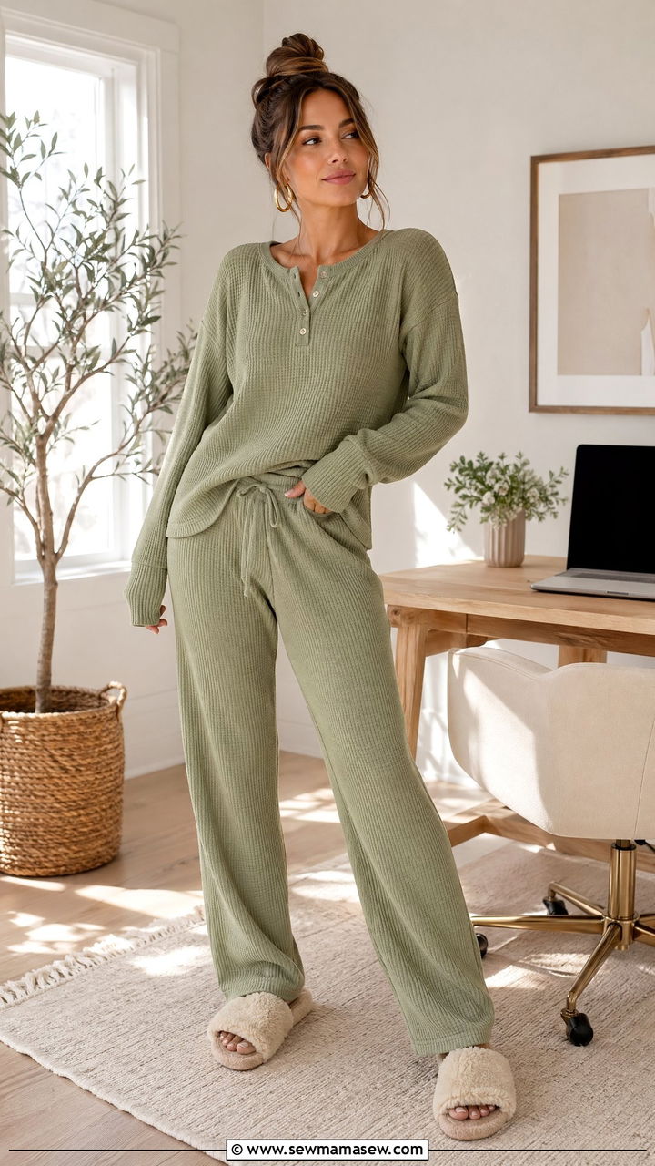 Waffle knit set with shearling slides outfit - 35 spring work from home outfit ideas