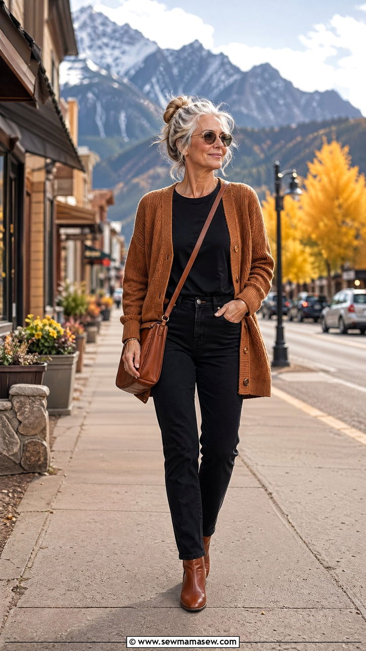 Warm Cardigan and Black Denim - 35 Vacation outfit ideas for women over 60