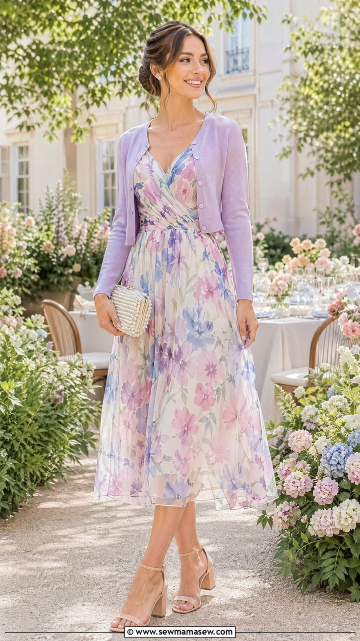 Watercolor Floral Chiffon Midi Dress with Cropped Cardigan - 35 spring wedding guest outfit ideas for women