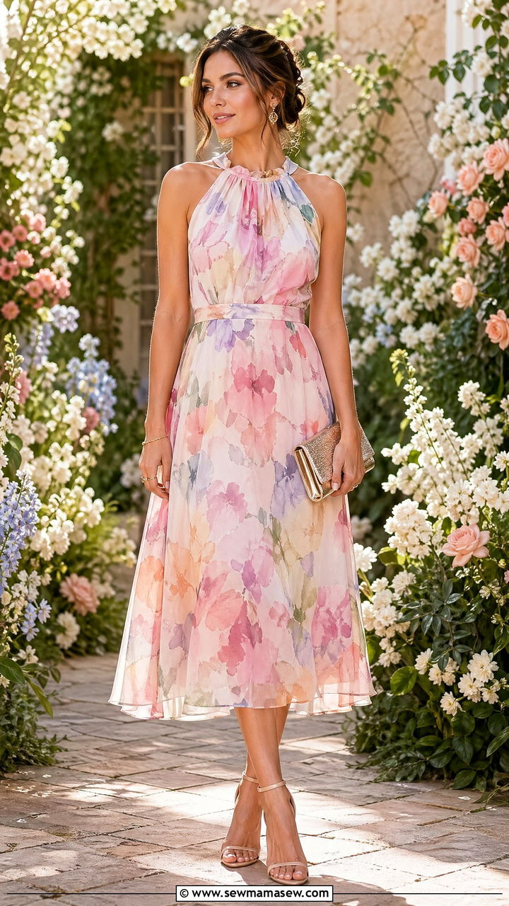 Watercolor Floral Dress With Nude Heels - 35 spring floral outfit ideas