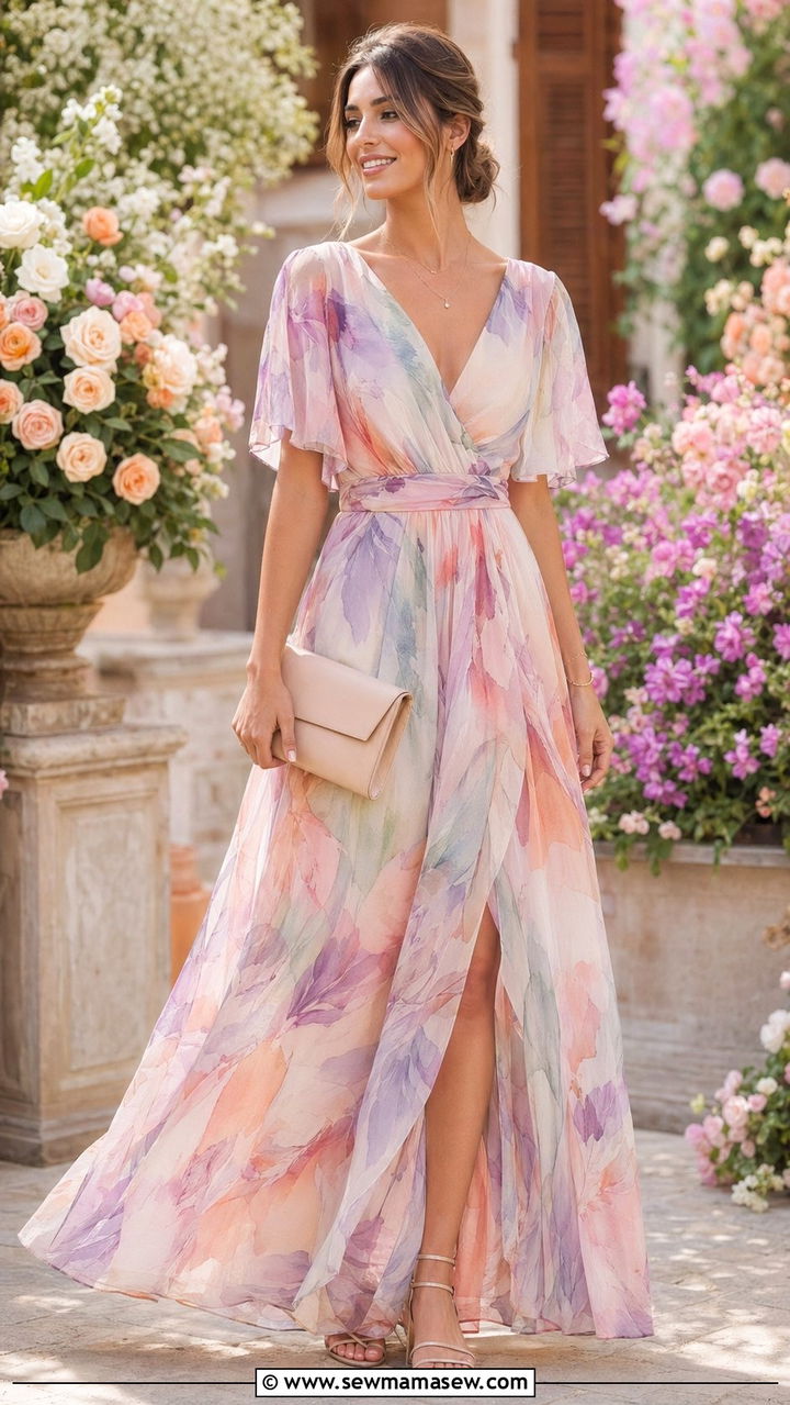 Watercolor Print Maxi Dress with Delicate Jewelry - 30 what to wear to a summer wedding guest