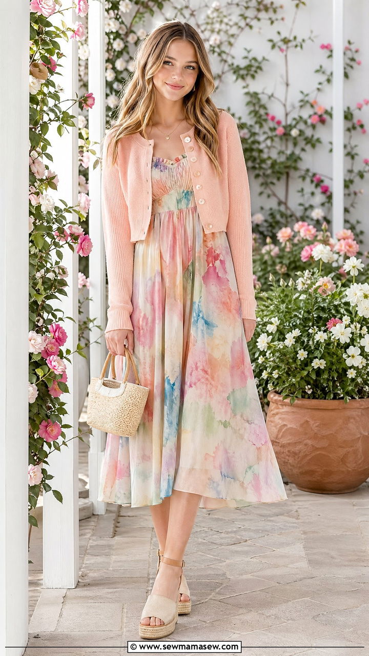 Watercolor print midi dress with a cropped cardigan and espadrilles - 35 Spring outfits for teenage girls