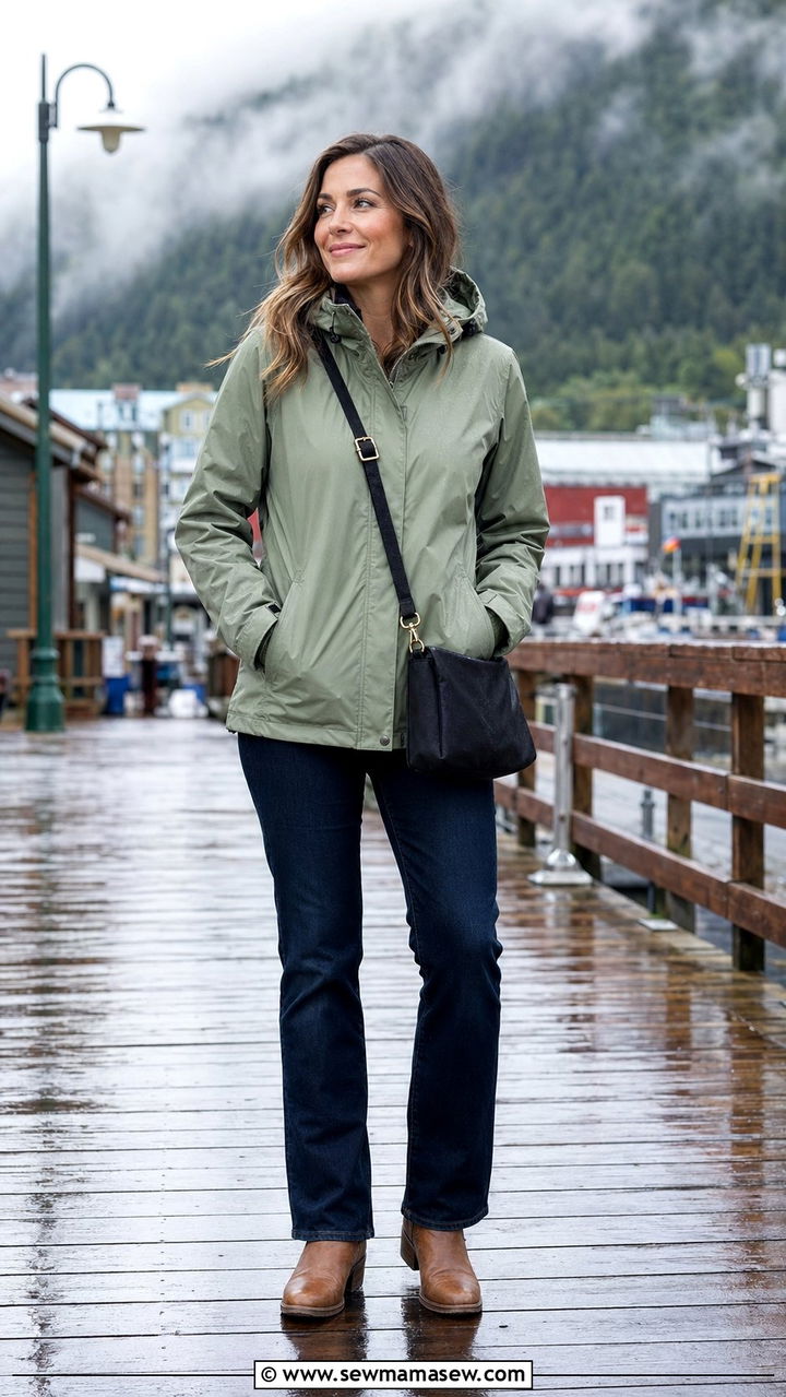 Waterproof Rain Jacket With Dark Straight Leg Jeans - 30 Alaska cruise outfit ideas