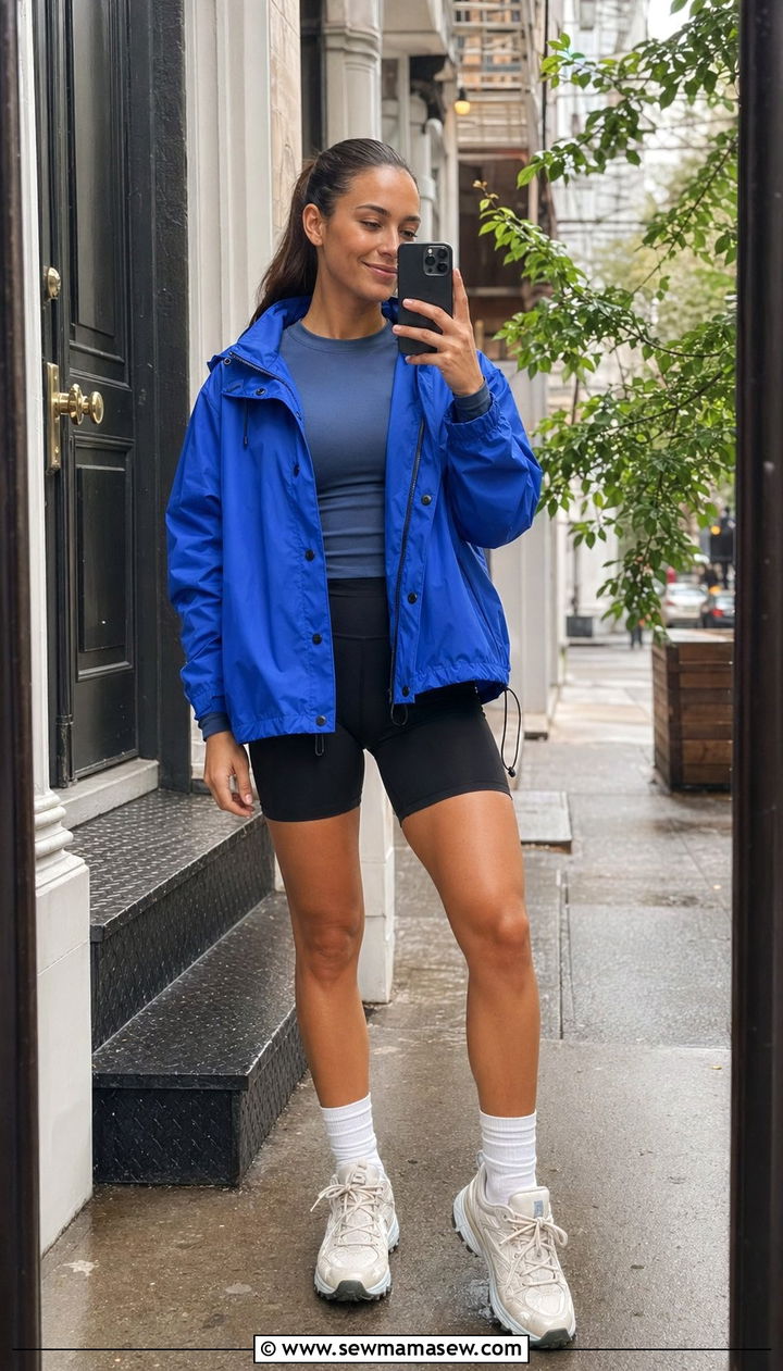 Waterproof parka with bike shorts and crew socks - 30 April showers outfit ideas
