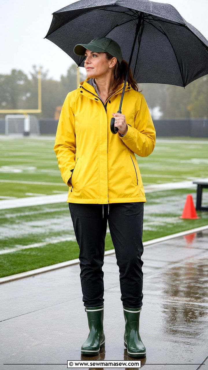 Waterproof rain jacket with joggers and rain boots - 30 Sports mom outfit ideas